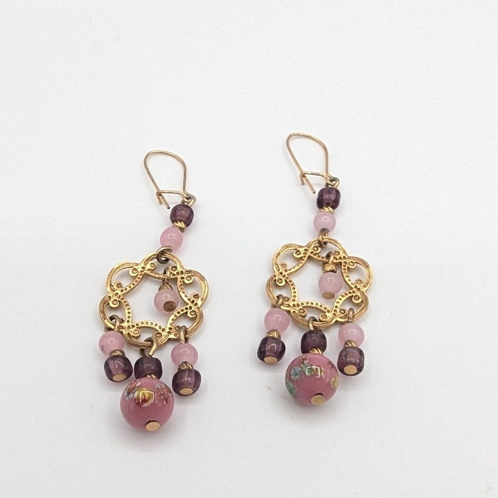 Vintage Style Pink Purple Floral Glass Bead Gold Filigree Dangle Earrings